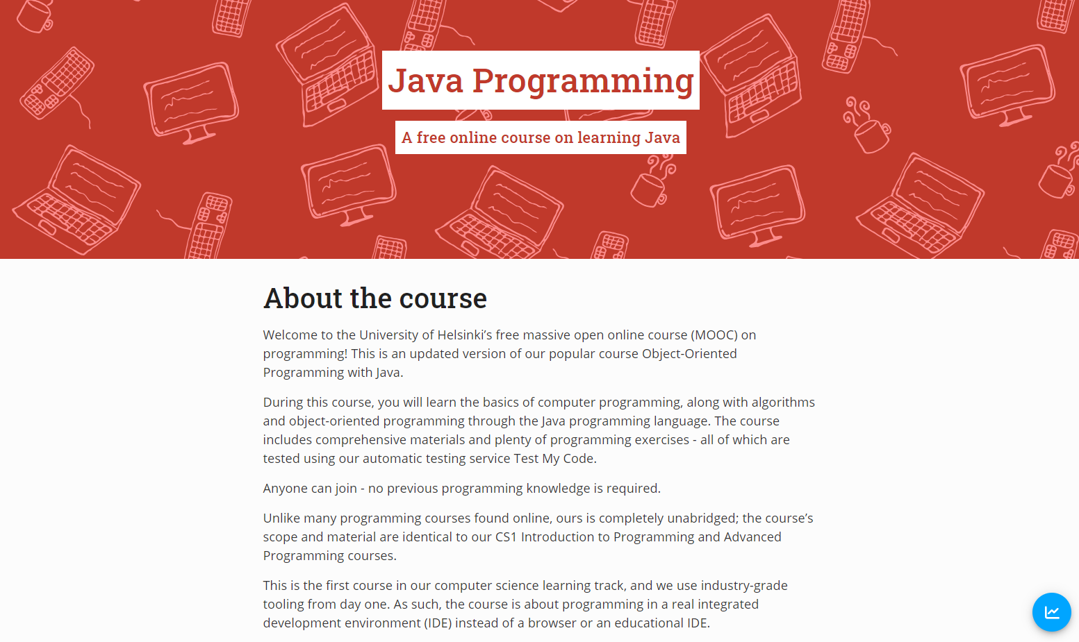 A screenshot of the University of Helsinki's Java massive open online course's front page